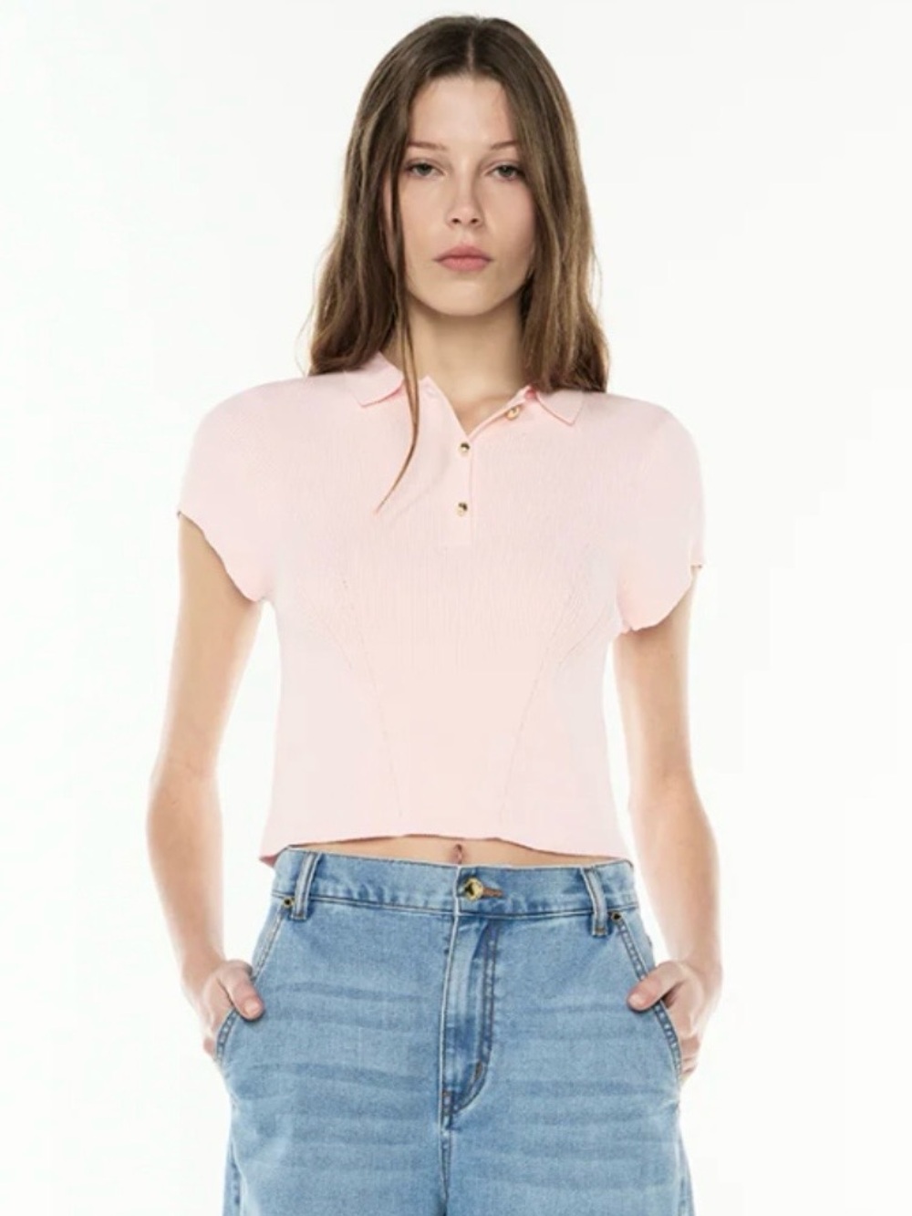 Cropped Polo Knit Top in Soft Pink